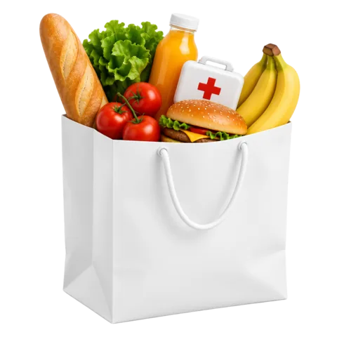 Sacola de delivery com pão, verduras, suco, lanche e caixa de primeiros socorros